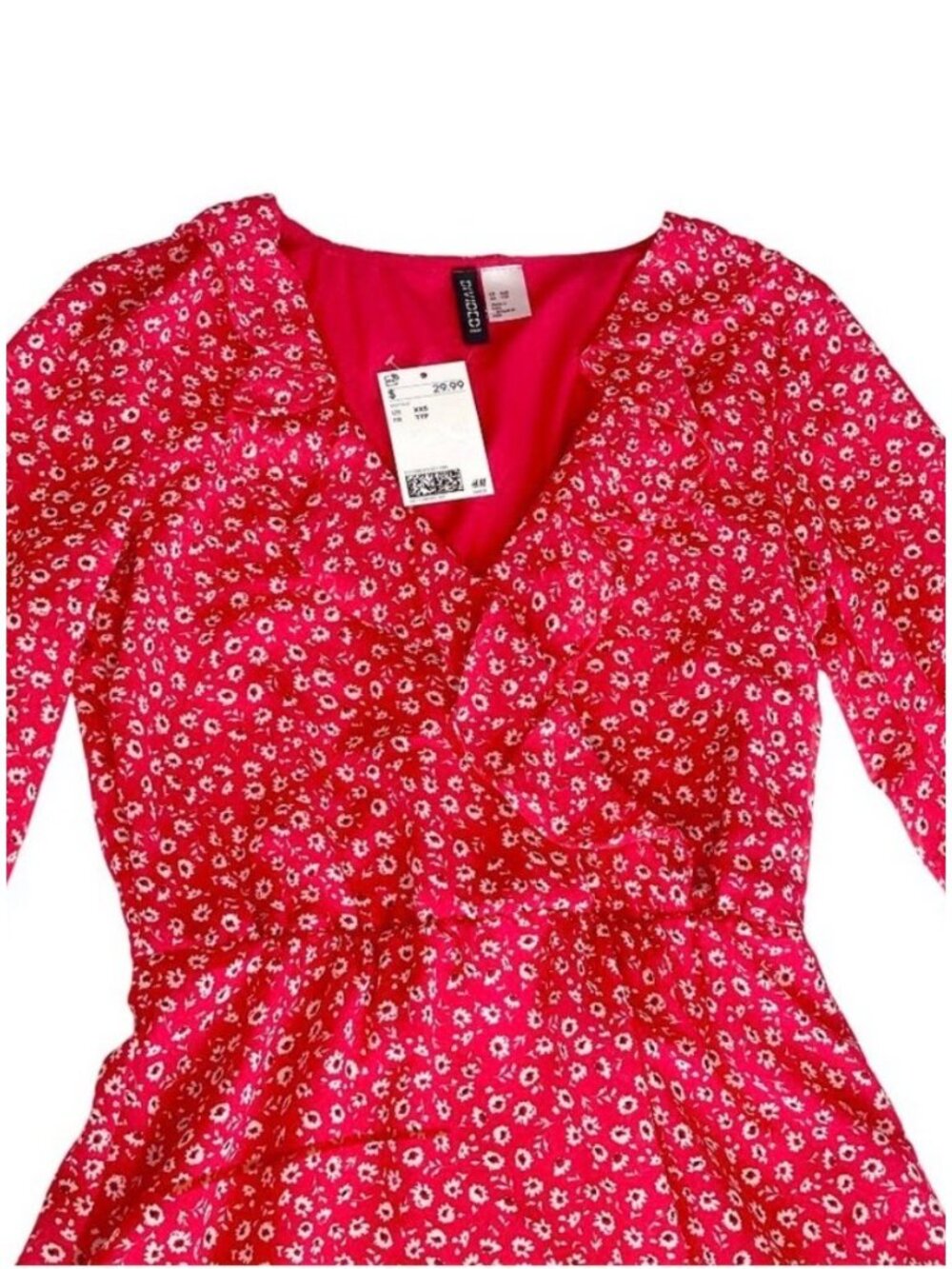 H&M Divided Red Floral Long-Sleeve Tiered Mini Dress XXS NWT - Picture 2 of 13